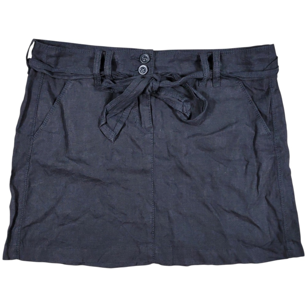United Colors of Benetton Mini Skirt Womens 44 Black 100% Linen Belted Casual
